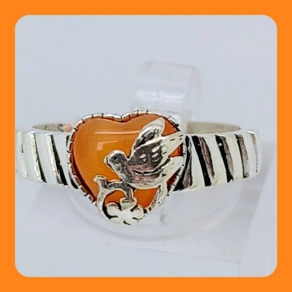 Vintage DGS Sterling Silver Peachy Pink Cats Eye Heart Bird Ring Size 7 Thailand